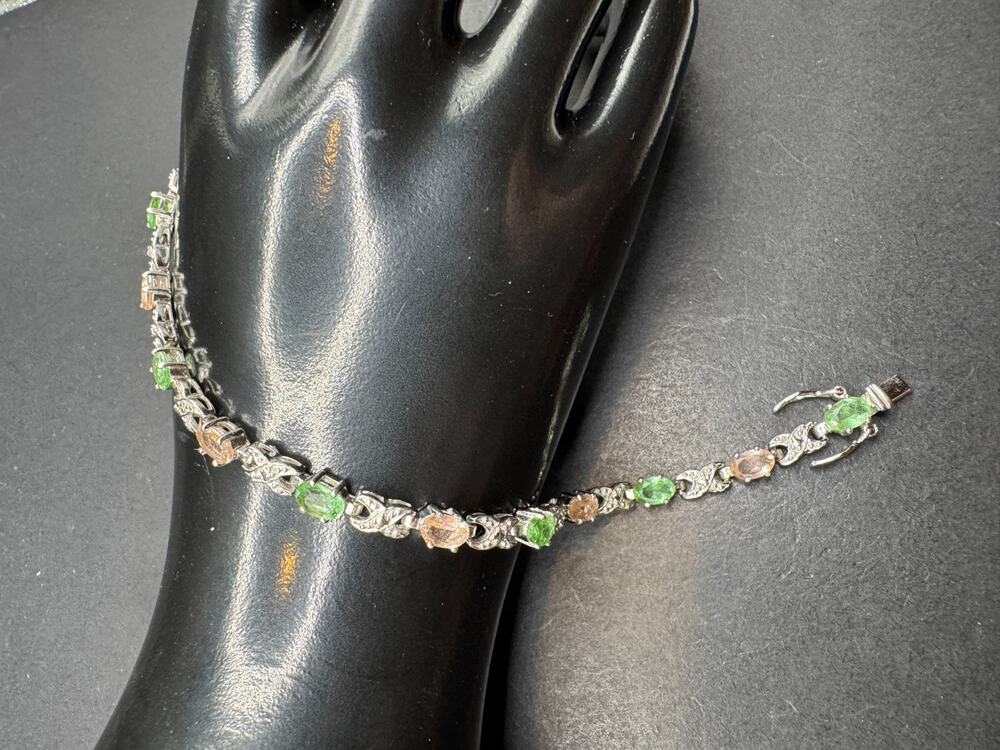 Ross Simon Signed Sterling Silver 925 Green Pink Cubic Zirconia Bracelet 6.5"